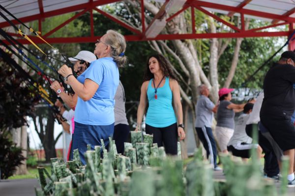 Grupo de personas mayores realizando ejercicio con bandas elásticas con supervisión de una instructora.