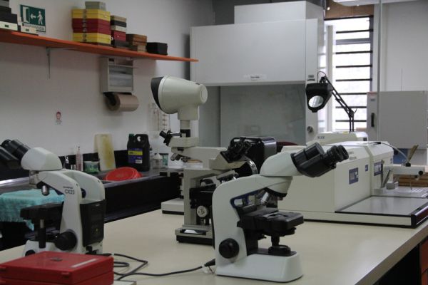Mesa con varios equipos en el laboratorio de Histología